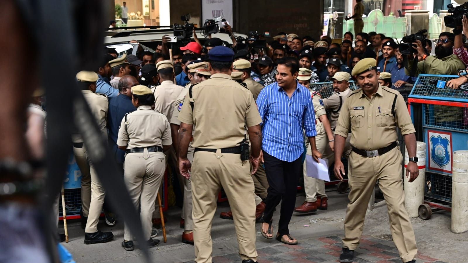 BRS, police scuffle in Hyderabad as KTR is called for questioning in phone-tapping case