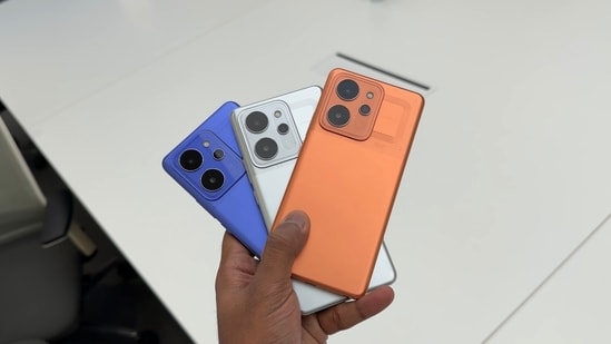 Realme P4 Power will be available in three colours: TransOrange, TransSilver, and TransBlue. (Shaurya Sharma/HT)