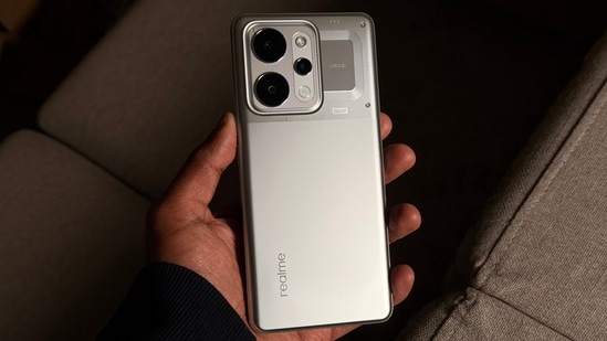 Realme P4 Power 5G in the Trans Silver colourway. (Shaurya Sharma - HT)