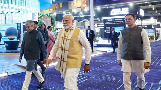Prime Minister Narendra Modi during the inauguration of the India AI Impact Expo at Bharat Mandapam in New Delhi. Union ministers Ashwini Vaishnaw and Jitin Prasada also seen. (Photo: PMO via PTI)
