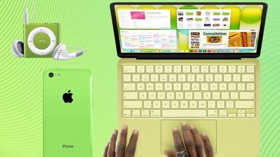 Apple’s new ‘citrus’ MacBook Neo (right) is reminiscent of some of the company’s other cheap and cheerful devices, including the iPod Shuffle and the iPhone 5c.