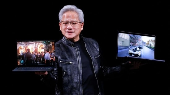 Nvidia CEO Jensen Huang introduces laptop models using RTX Spark GPUs during a keynote speech on the sidelines of the Computex trade show in Taipei (REUTERS)